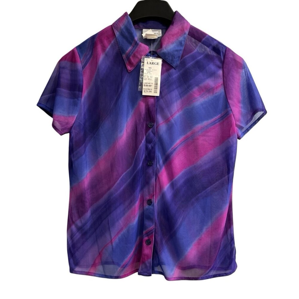 Vintage Fashion Bug‎ Y2K Top Womens L Purple Ombre Sheer Mesh Button Down Fairy